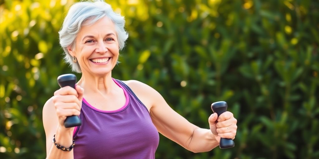 Senior woman exercising with weights outdoors.