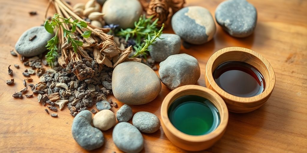 Herbal remedies for pain relief, on wooden surface.