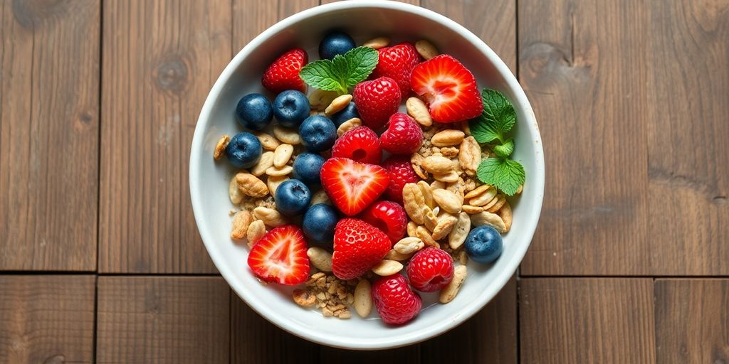 Vibrant bowl of berries, nuts, and seeds.
