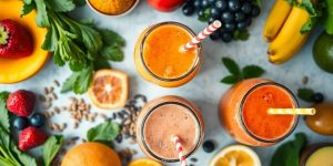 Vibrant anti-inflammatory smoothie ingredients and prepared drinks.
