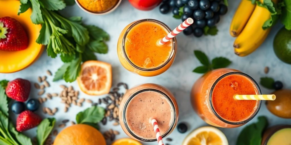Vibrant anti-inflammatory smoothie ingredients and prepared drinks.