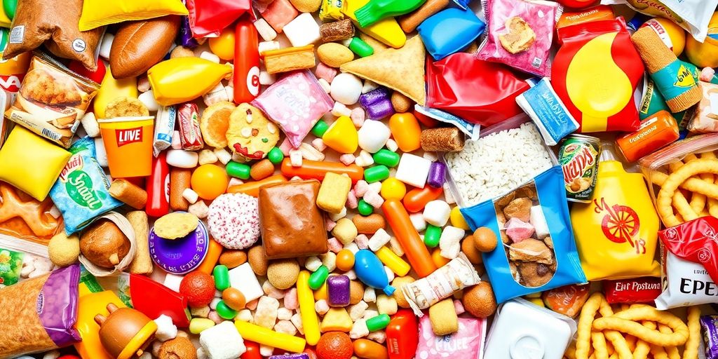 Vibrant assortment of unhealthy foods.