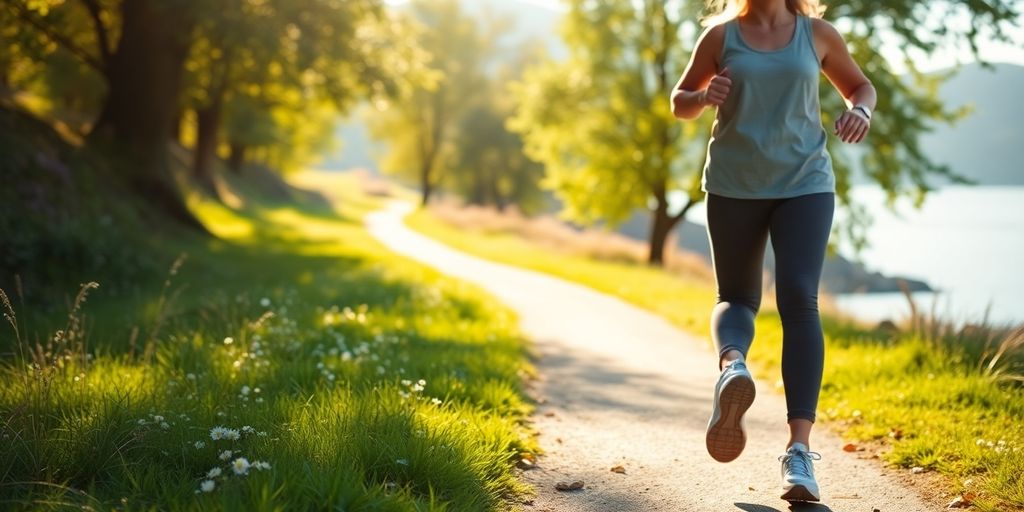 Person walking outdoors on a sunny day.