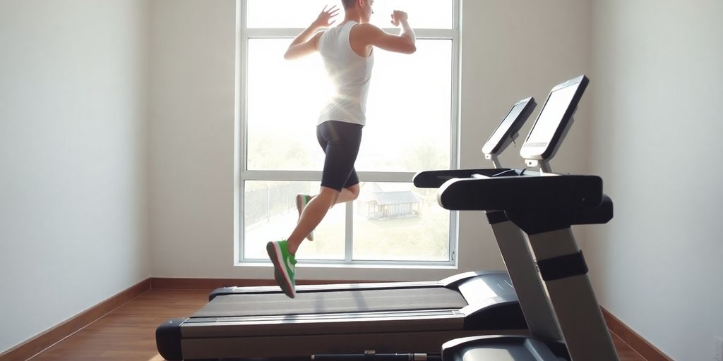 Person walking indoors with energetic stride.
