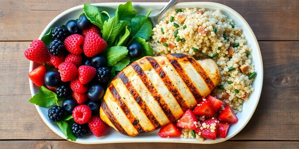 Colorful plate of lean protein, fruits, and vegetables.