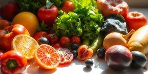Fresh fruits and vegetables arranged artfully.