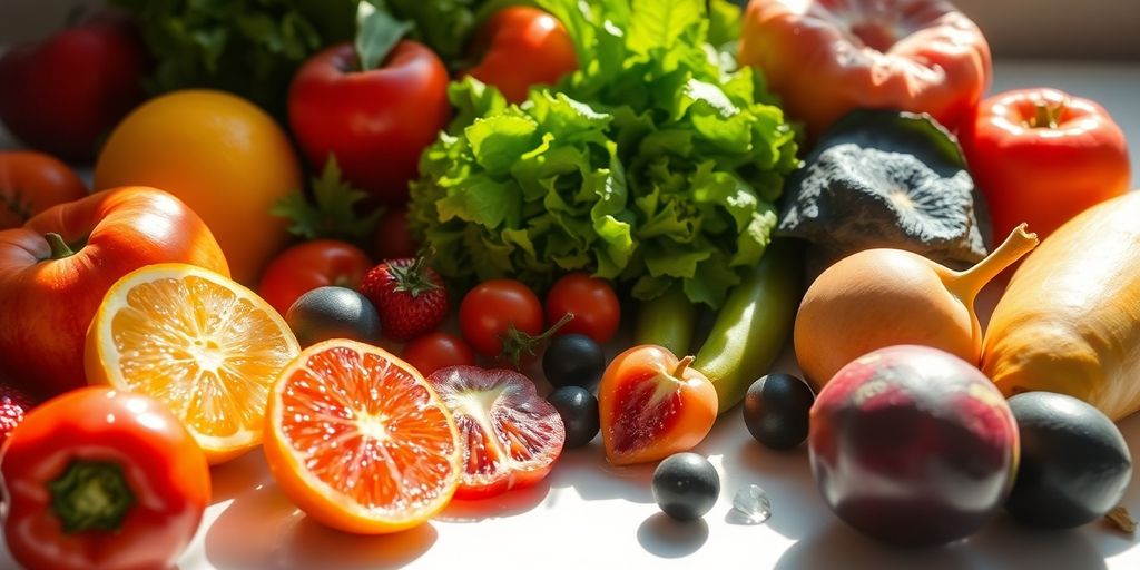 Fresh fruits and vegetables arranged artfully.
