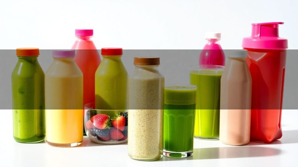 Vegan post-workout recovery drinks in colorful bottles.