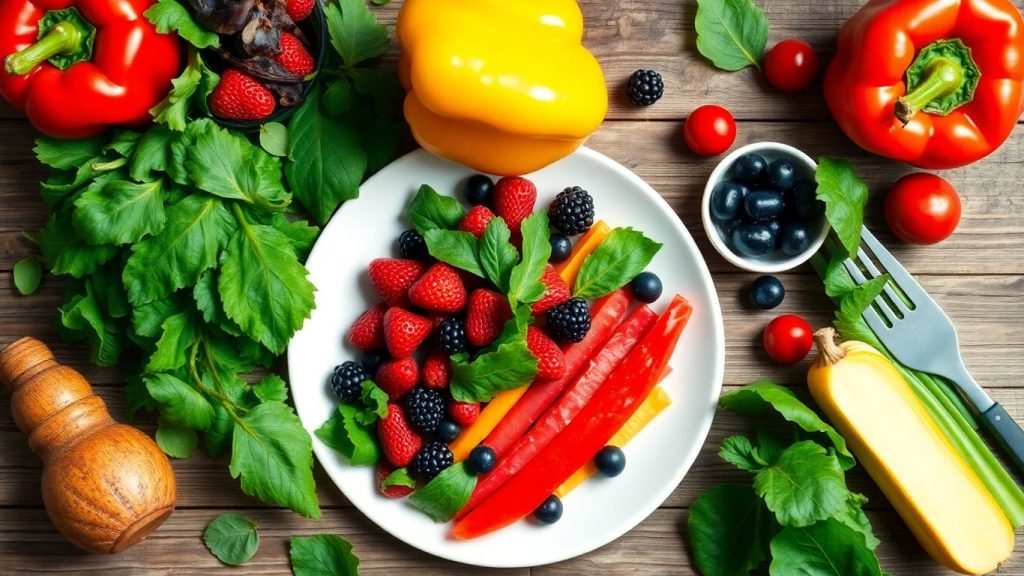 Colorful anti-inflammatory meal with fresh vegetables and berries.