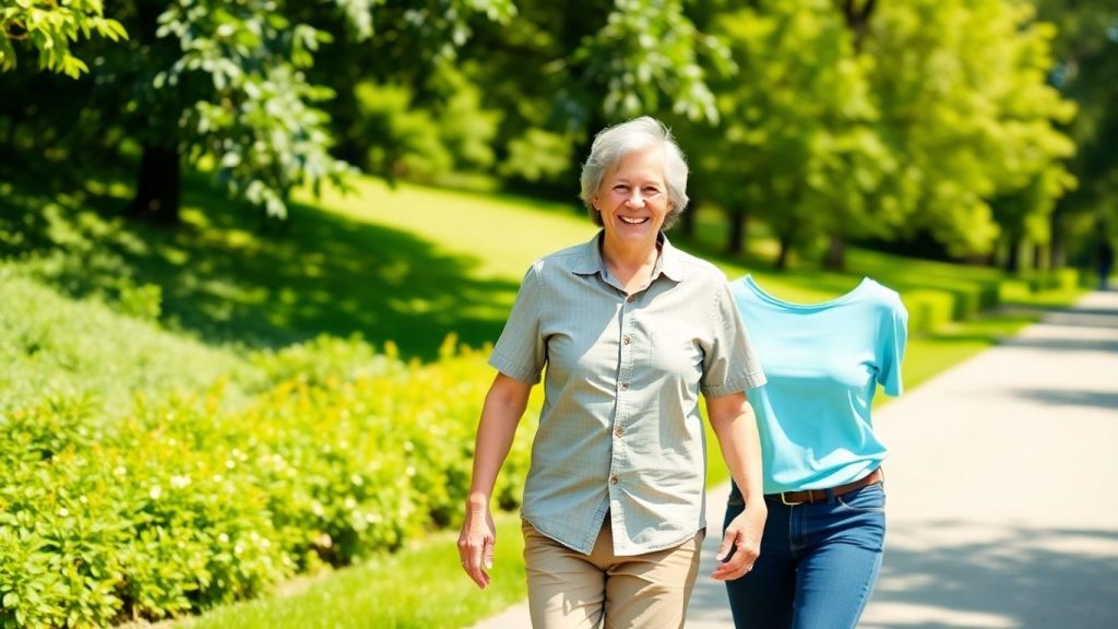 Senior couple walking happily in a park.