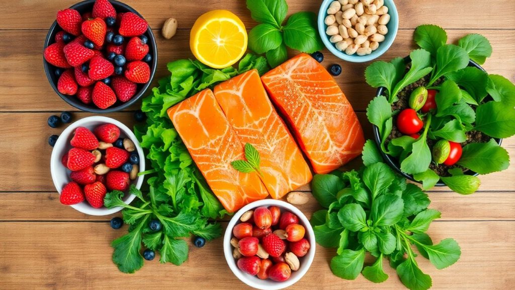 Colorful assortment of anti-inflammatory foods on a wooden table.
