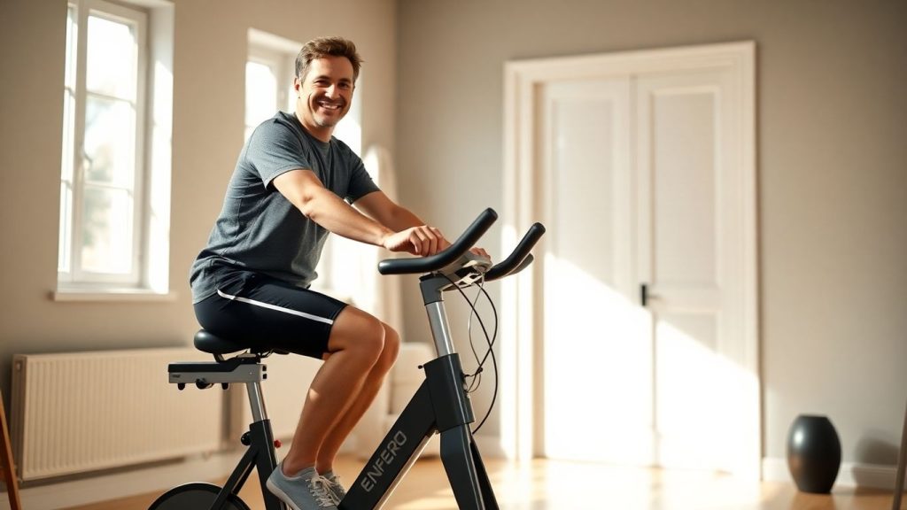 Person happily riding a low impact stationary bike.