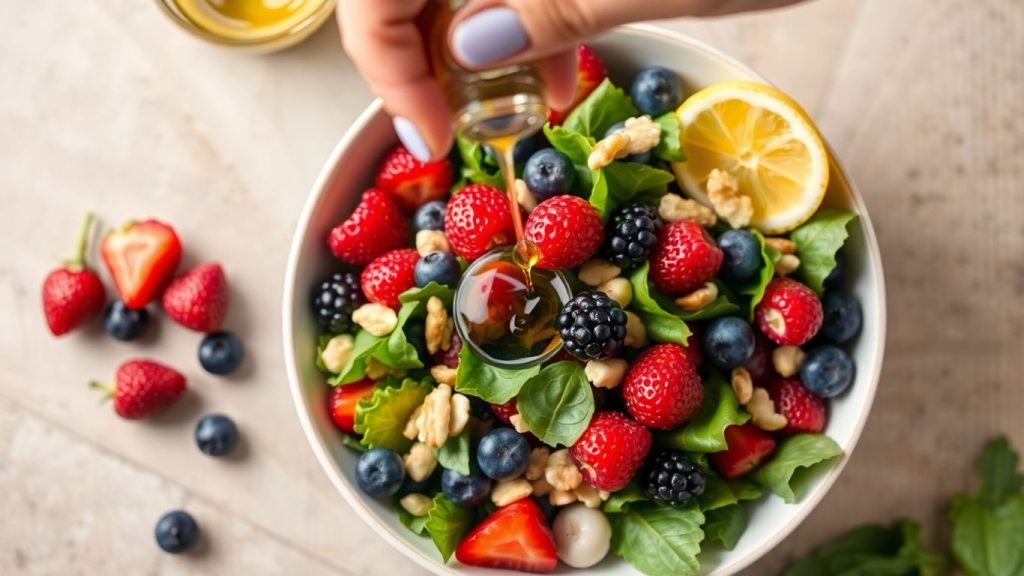 Colorful salad bowl with berries, greens, and nuts.