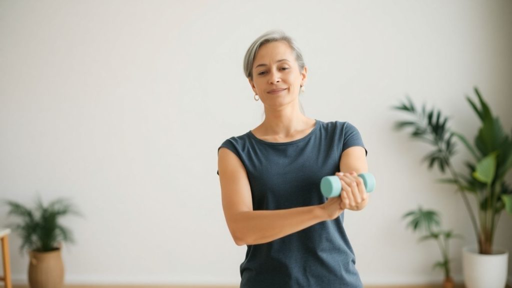 Person doing a low intensity strength exercise with light weights.