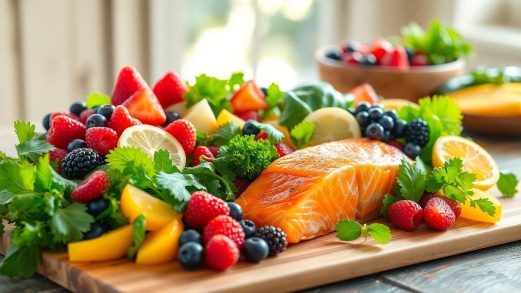 Colorful anti-inflammatory foods on a wooden table.