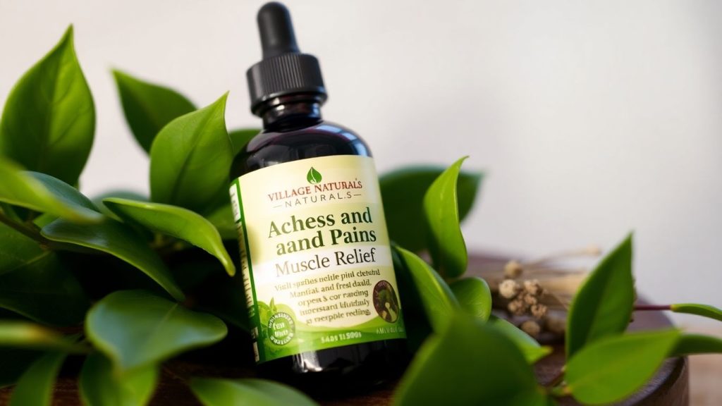 Village Naturals Muscle Relief bottle with natural elements.