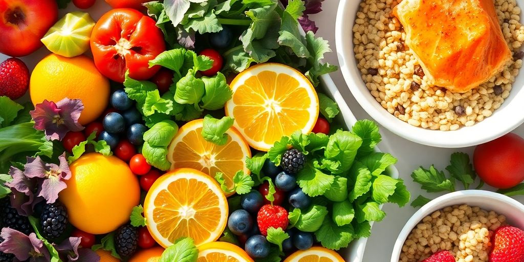 Healthy colorful plate of fruits vegetables fish and grains