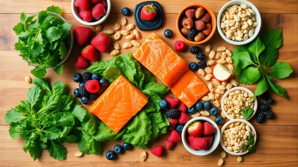 Colorful anti-inflammatory foods arranged on a wooden table.