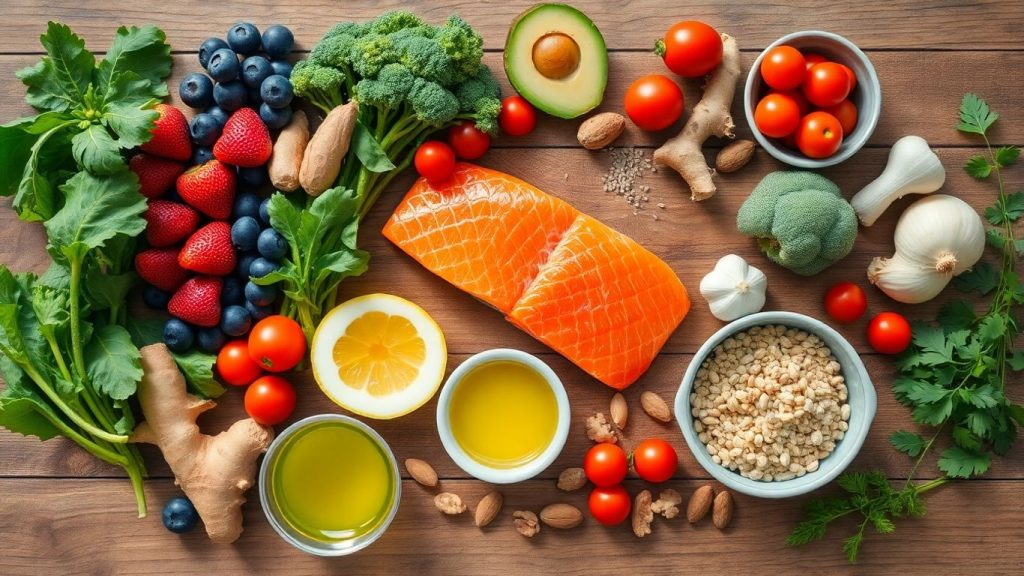 Top-down photo of salmon, berries, turmeric, avocado, nuts, olive oil.